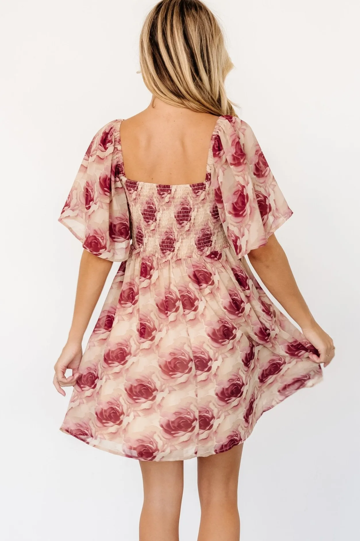 Sale Baltic Born Jaycee Pleated Short Dress | Cream + Burgundy Floral Cream+BurgundyFloral