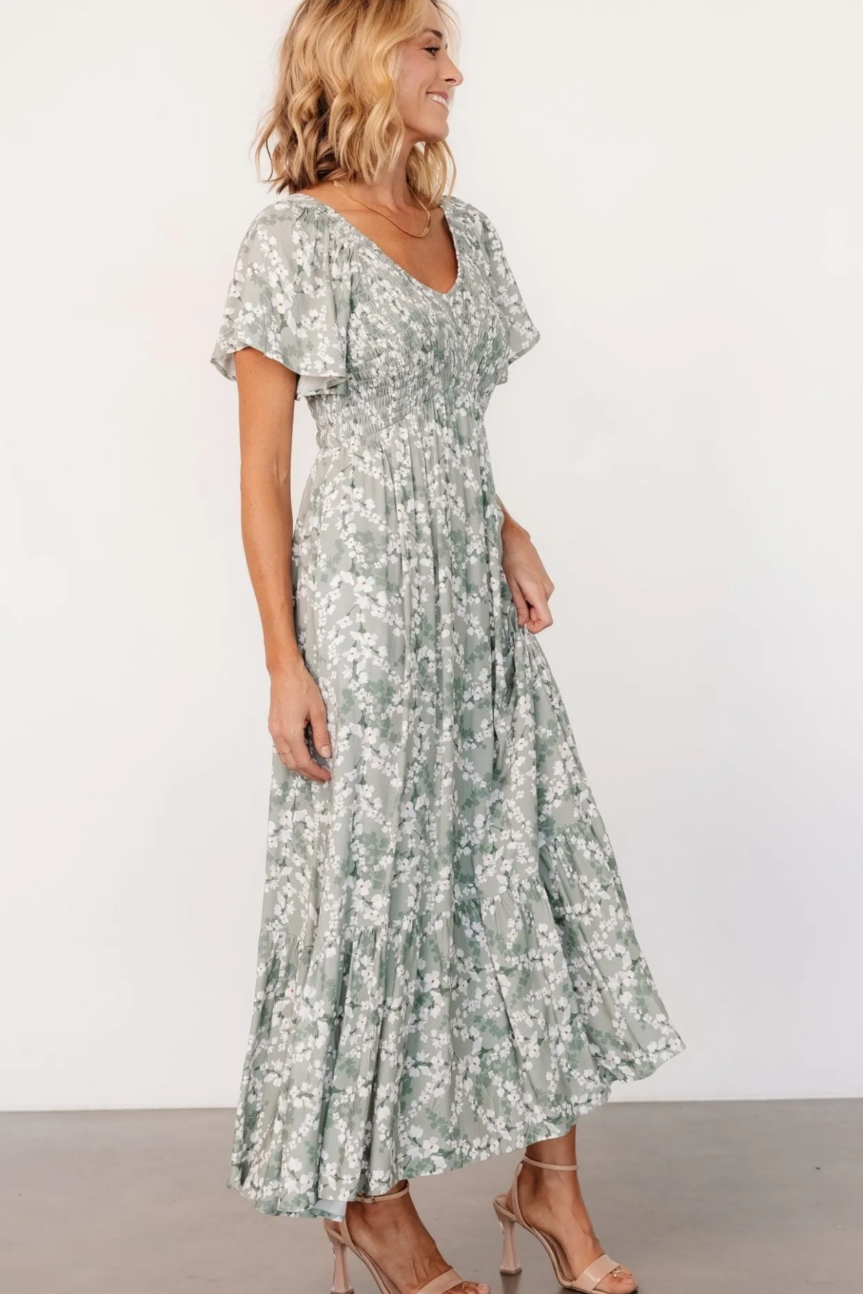 Clearance Baltic Born Joanie Smocked Dress | Sage + Off White Floral Sage+OffWhiteFloral