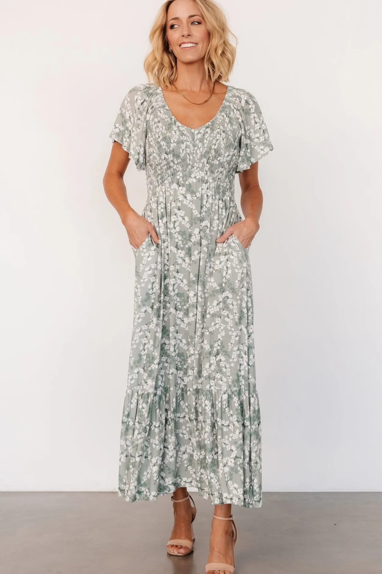 Clearance Baltic Born Joanie Smocked Dress | Sage + Off White Floral Sage+OffWhiteFloral