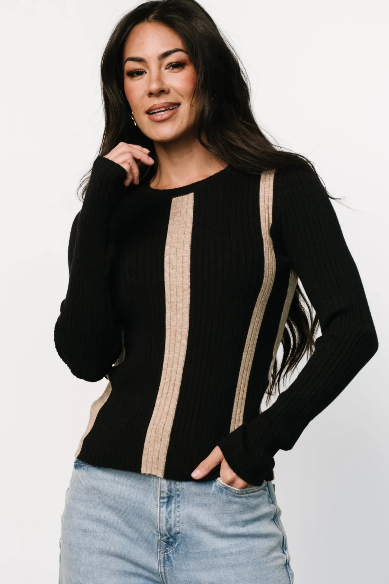 Discount Baltic Born Jolene Ribbed Sweater Top | Black + Tan Stripe Black+TanStripe