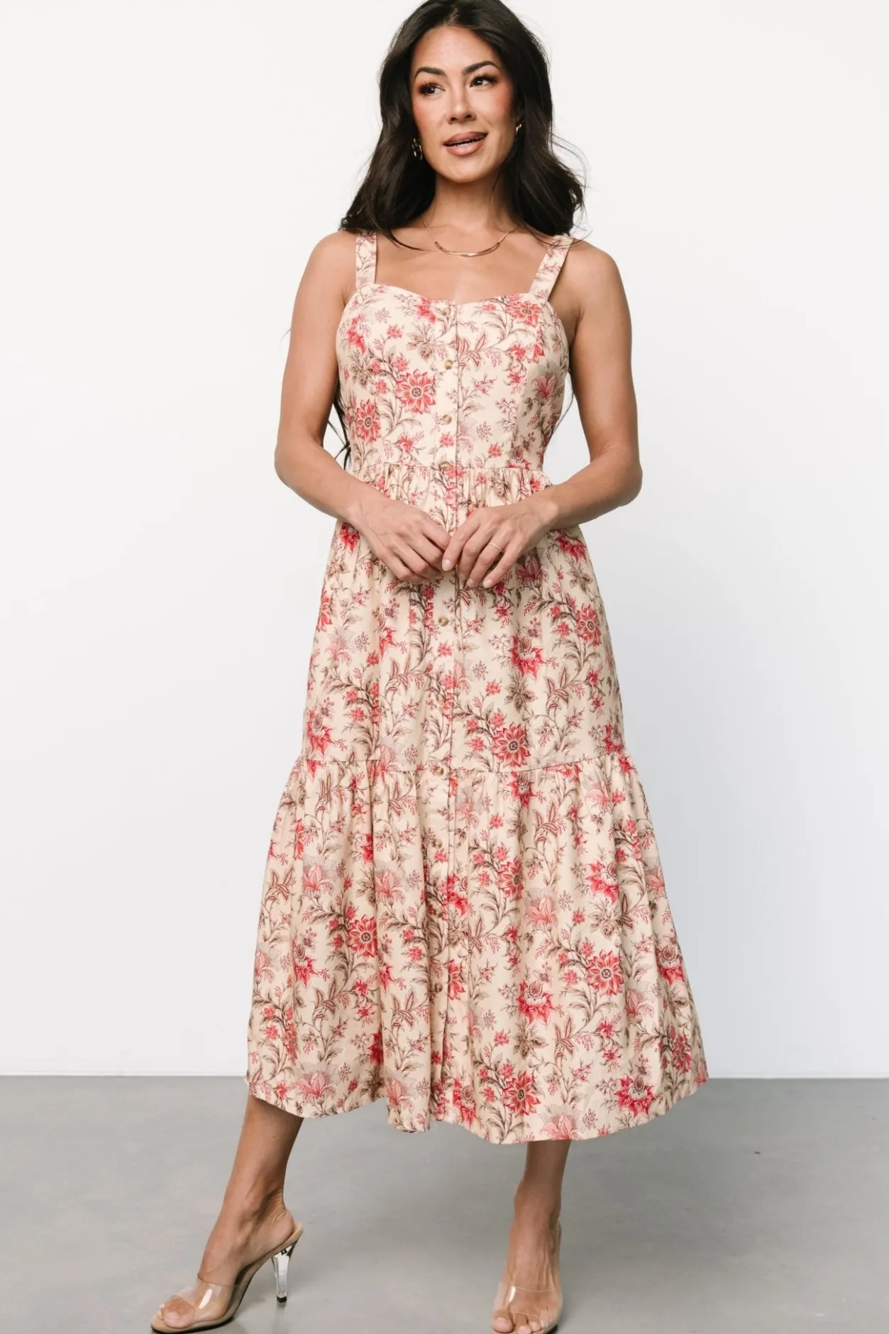 Discount Baltic Born Jules Button Midi Dress | Cream + Pink Cream+Pink