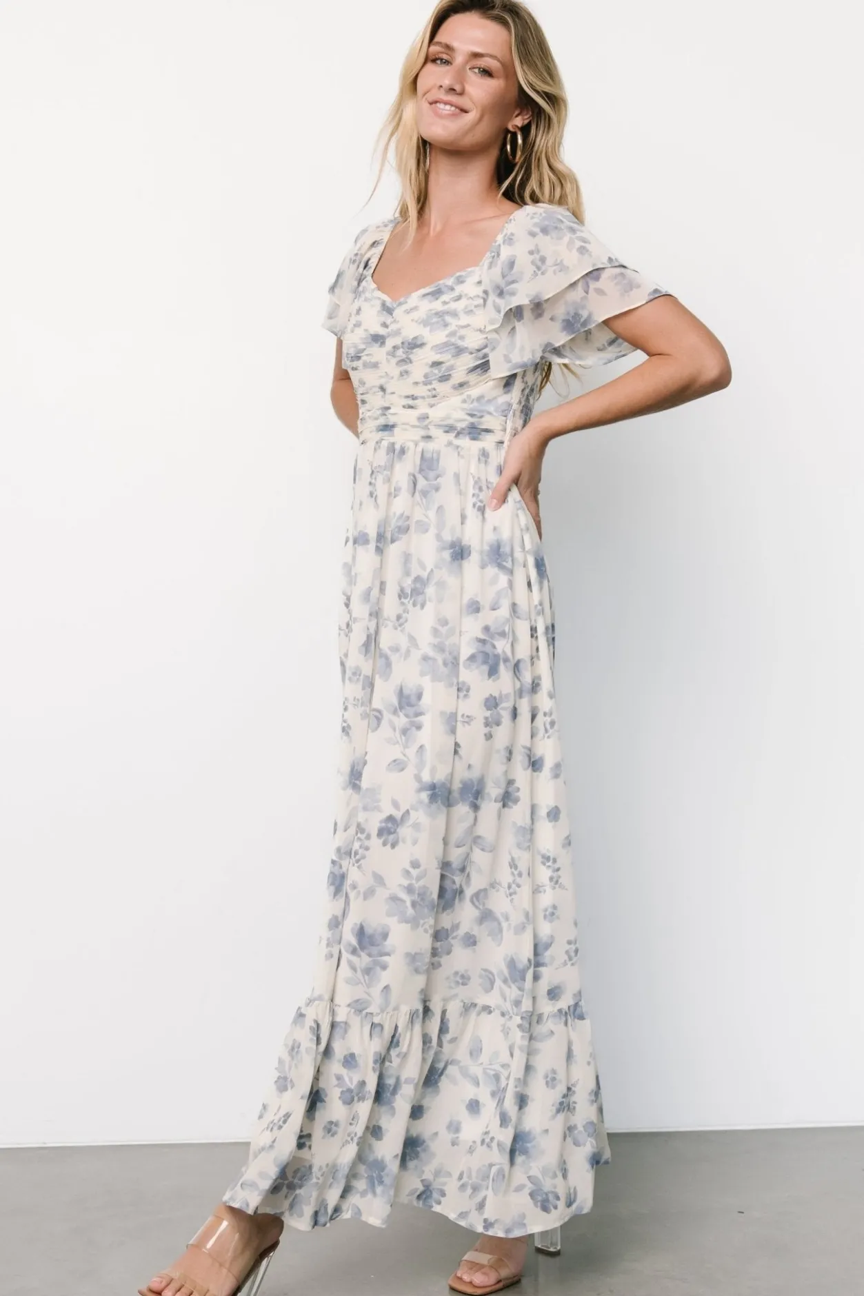 Hot Baltic Born Juliana Pleated Top Dress | Ivory + Blue Floral Ivory+BlueFloral