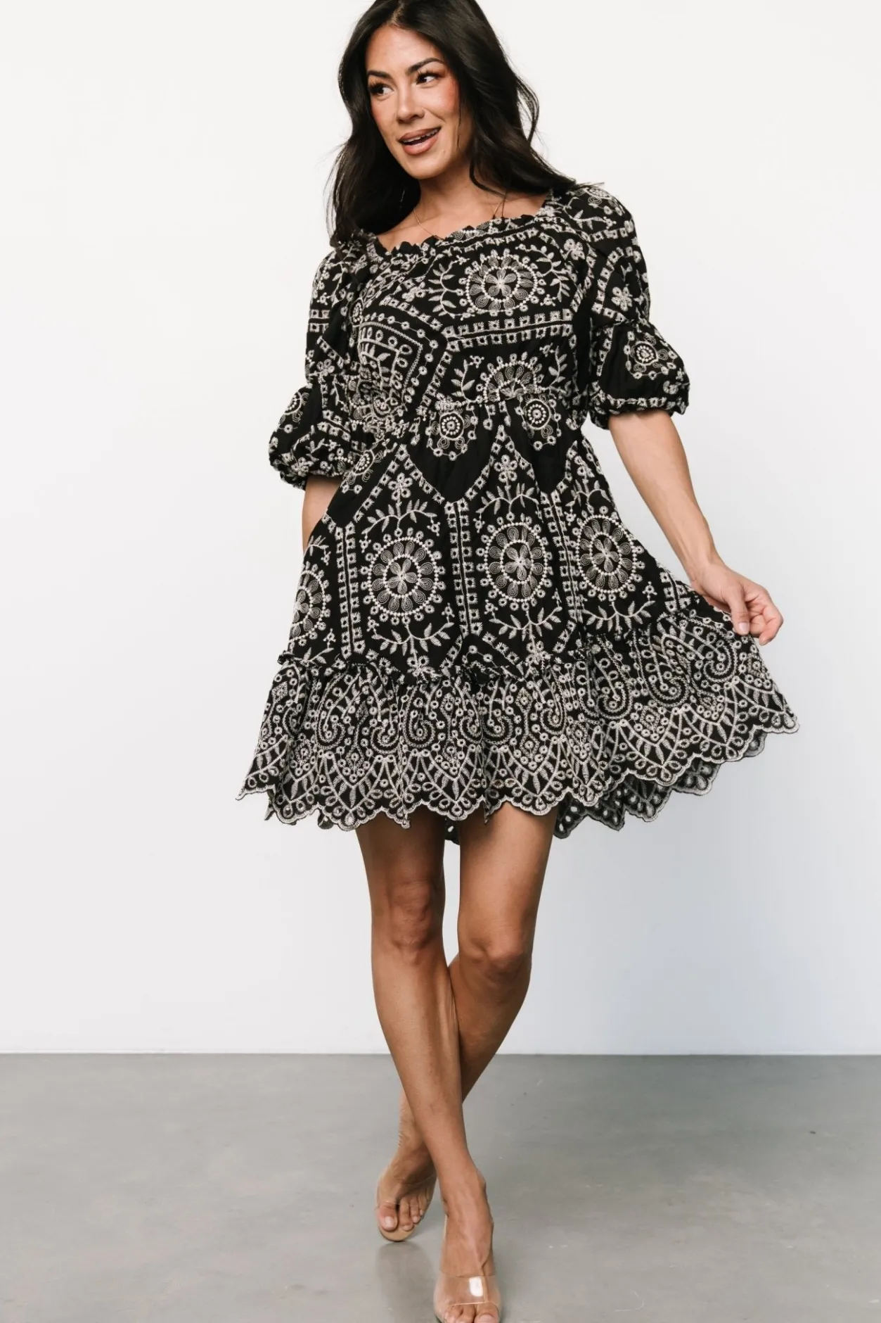 Hot Baltic Born Katina Embroidered Short Dress | Black + White Black+White