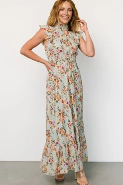 Clearance Baltic Born Kearny Ruffle Maxi Dress | Light Blue Floral + Gold LightBlueFloral+Gold