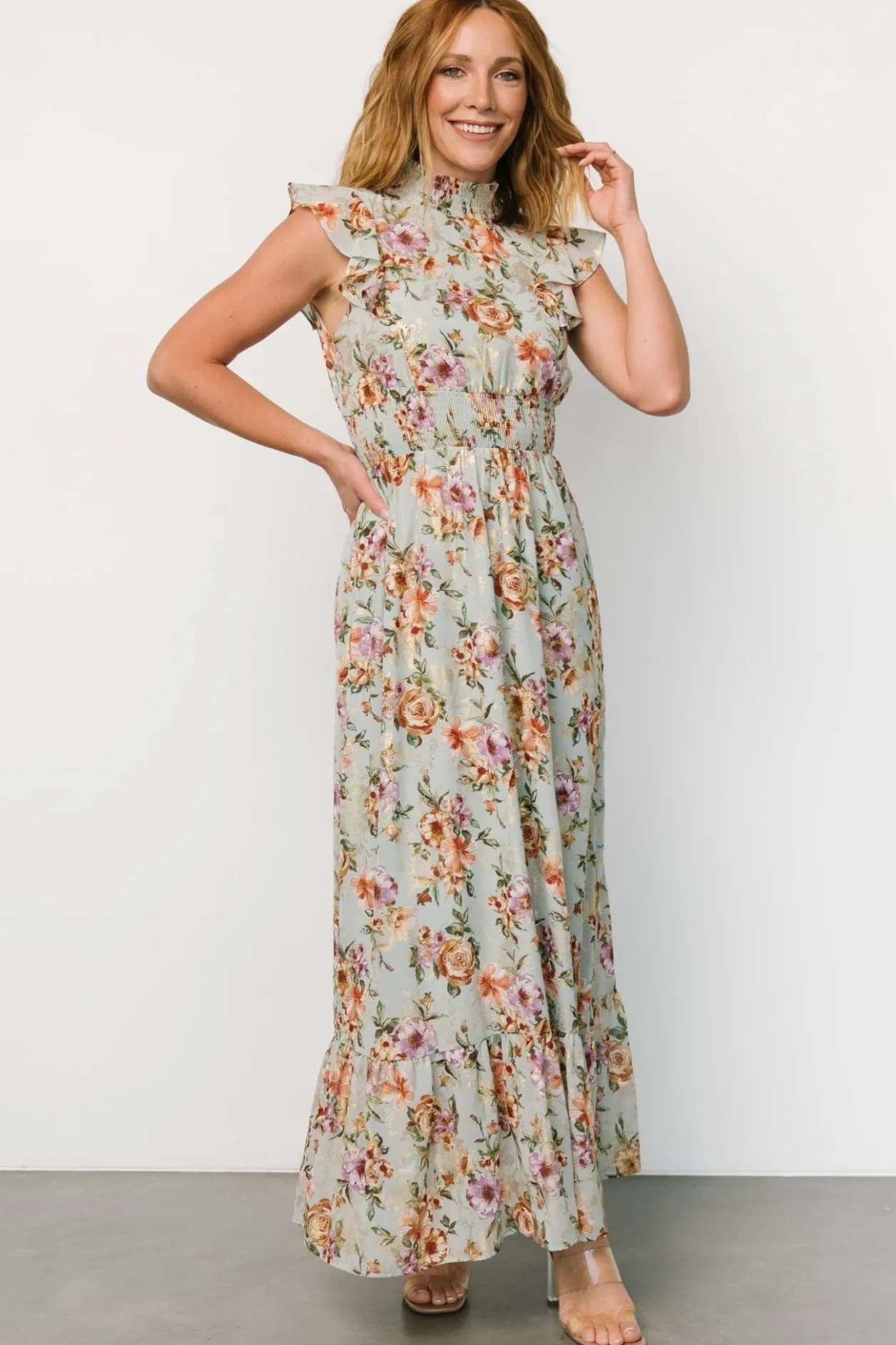 Clearance Baltic Born Kearny Ruffle Maxi Dress | Light Blue Floral + Gold LightBlueFloral+Gold