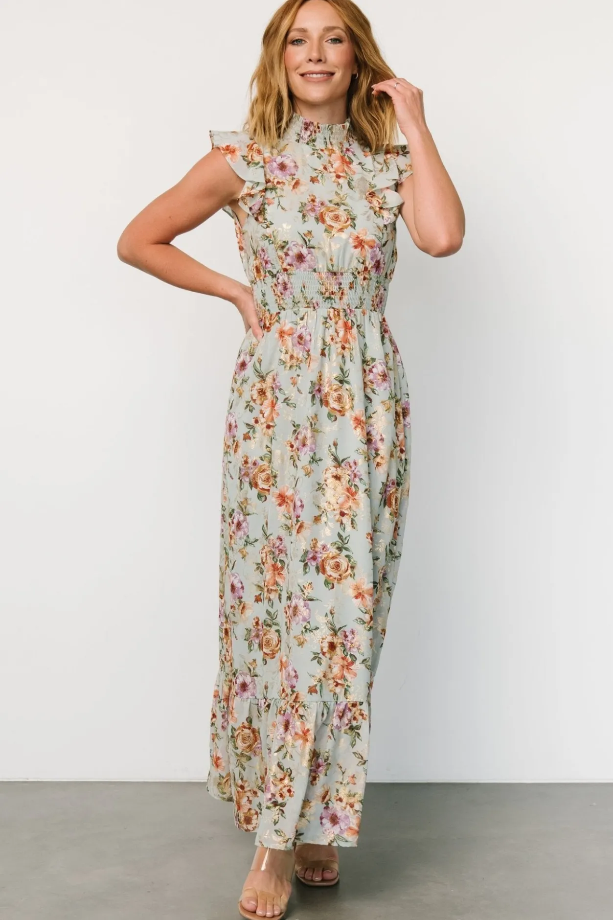 Clearance Baltic Born Kearny Ruffle Maxi Dress | Light Blue Floral + Gold LightBlueFloral+Gold