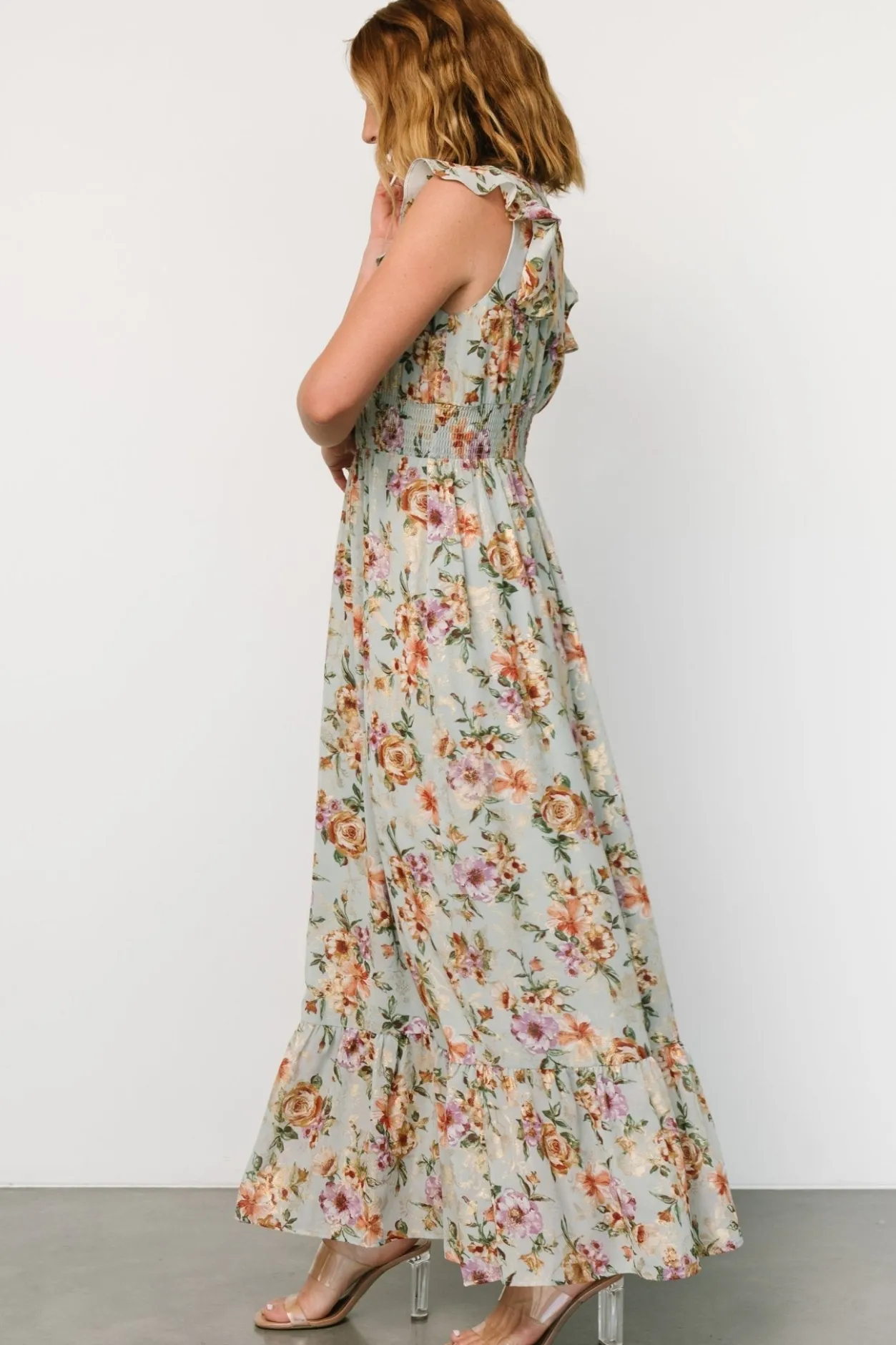 Clearance Baltic Born Kearny Ruffle Maxi Dress | Light Blue Floral + Gold LightBlueFloral+Gold