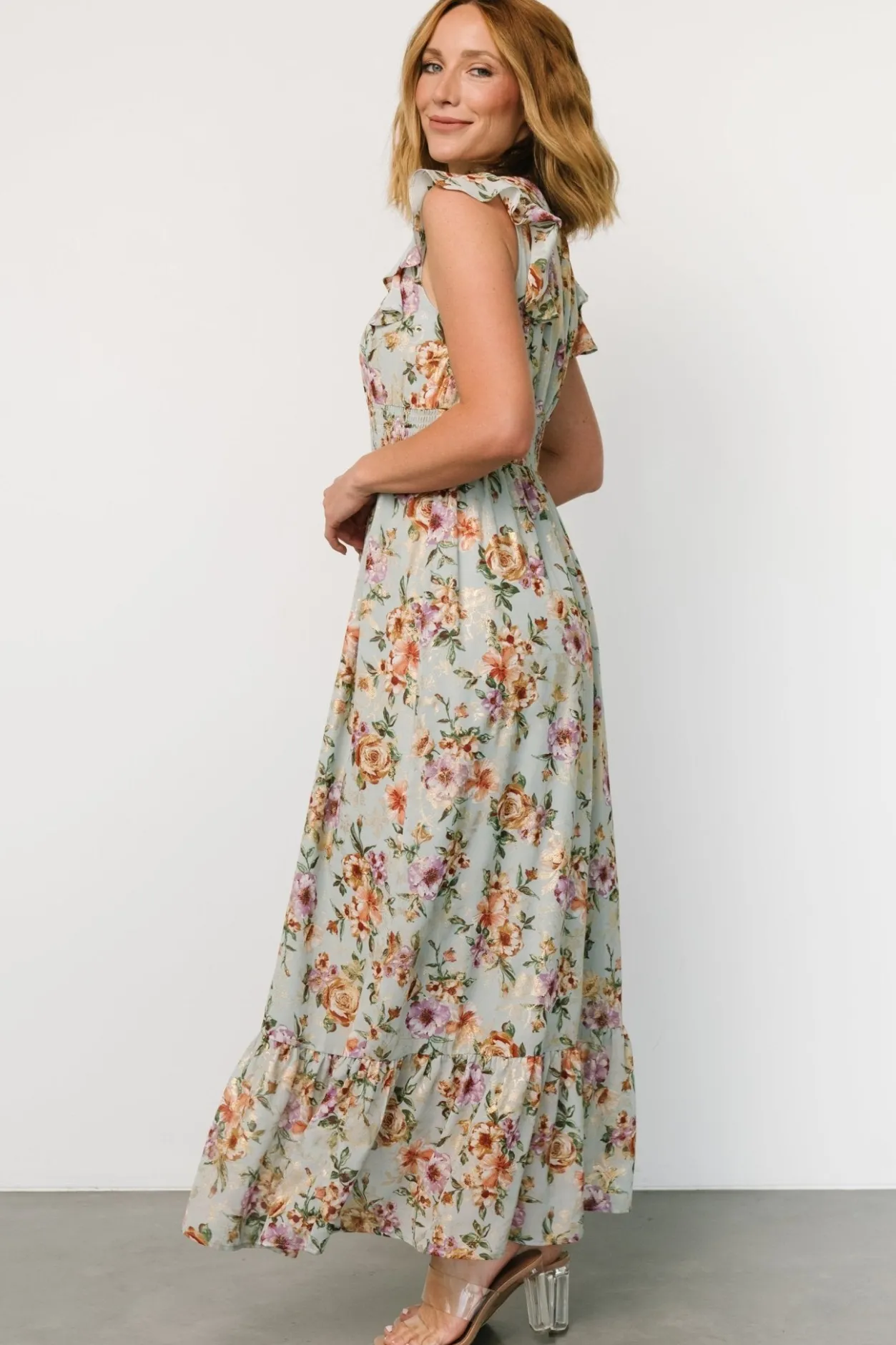 Clearance Baltic Born Kearny Ruffle Maxi Dress | Light Blue Floral + Gold LightBlueFloral+Gold