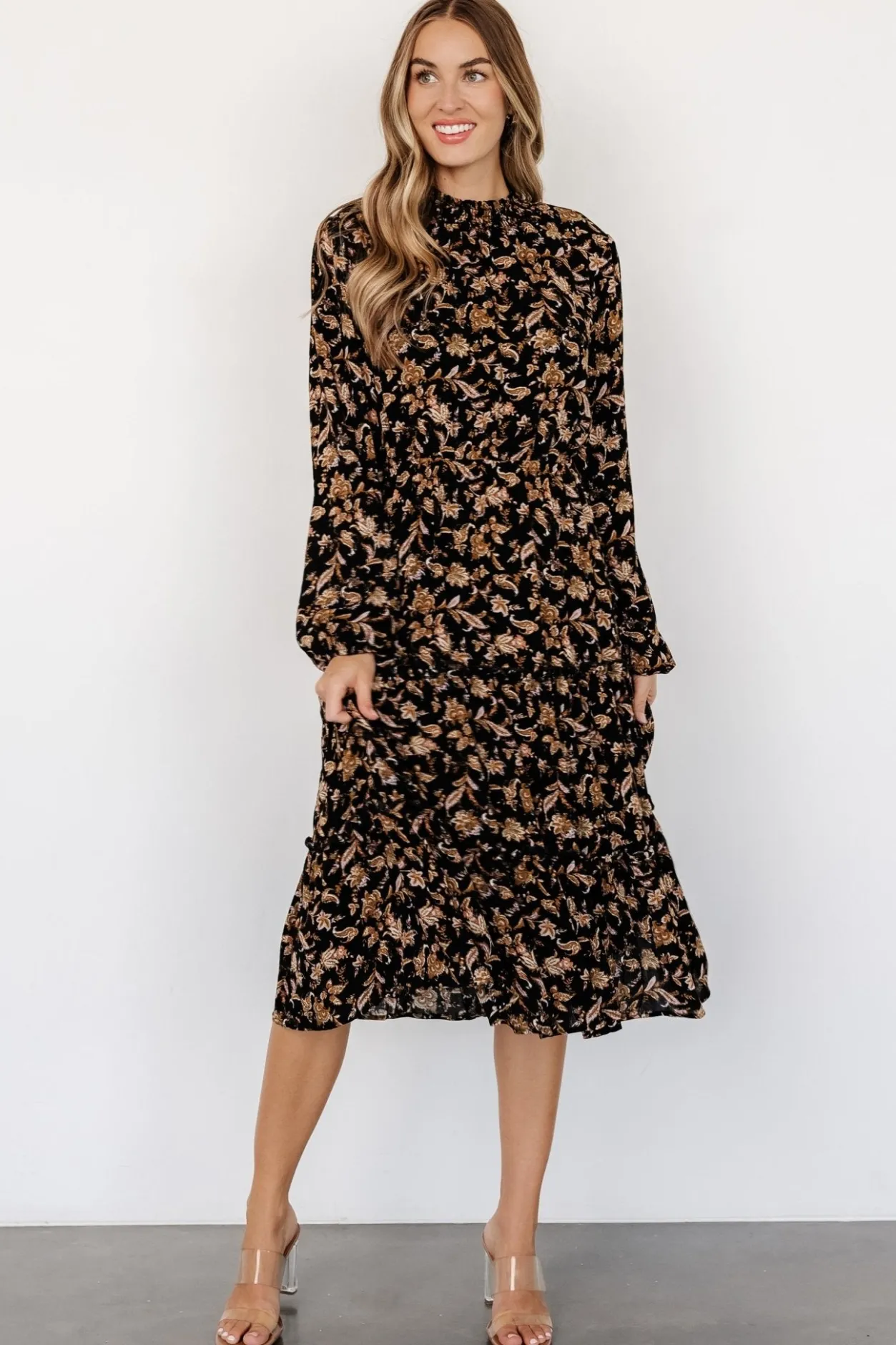 Clearance Baltic Born Kenice Mock Neck Dress | Black + Camel Print Black+CamelPrint