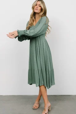 Fashion Baltic Born Lainey Smocked Dotted Midi Dress | Dark Sage DarkSage
