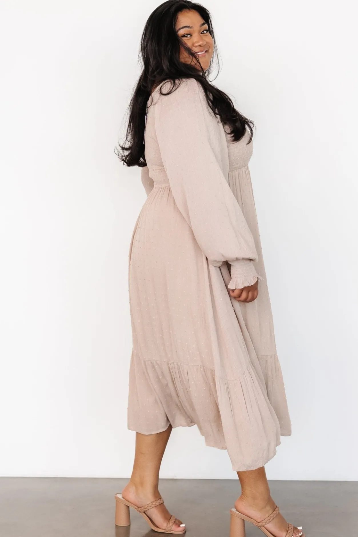 Discount Baltic Born Lainey Smocked Dotted Midi Dress | Beige