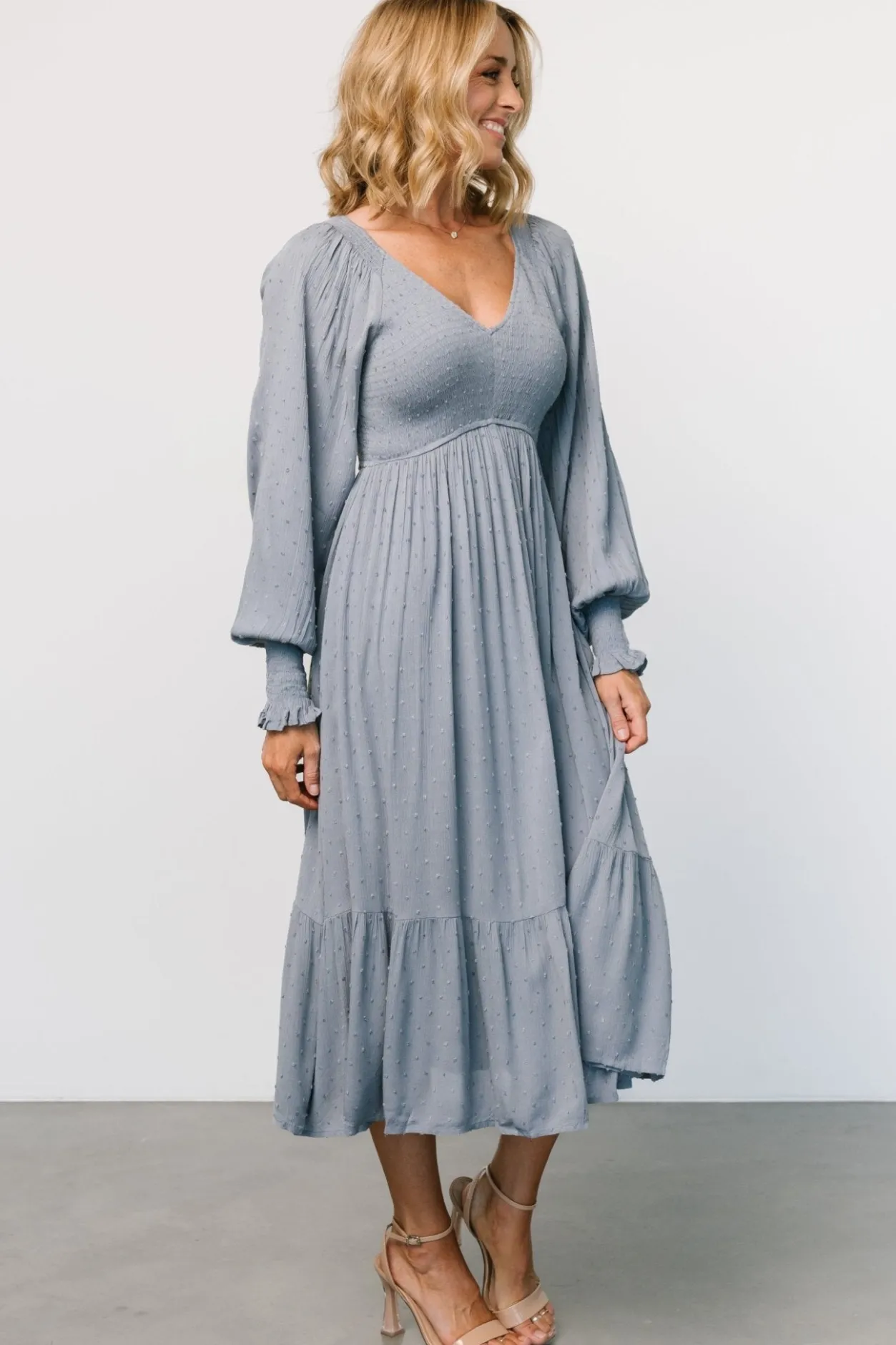 Clearance Baltic Born Lainey Smocked Dotted Midi Dress | Dusty Blue DustyBlue