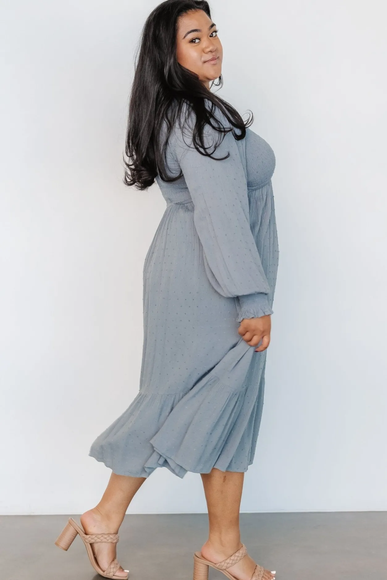 Clearance Baltic Born Lainey Smocked Dotted Midi Dress | Dusty Blue DustyBlue
