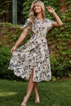 Hot Baltic Born Lorna Midi Dress | Beige + Navy Print Beige+NavyPrint