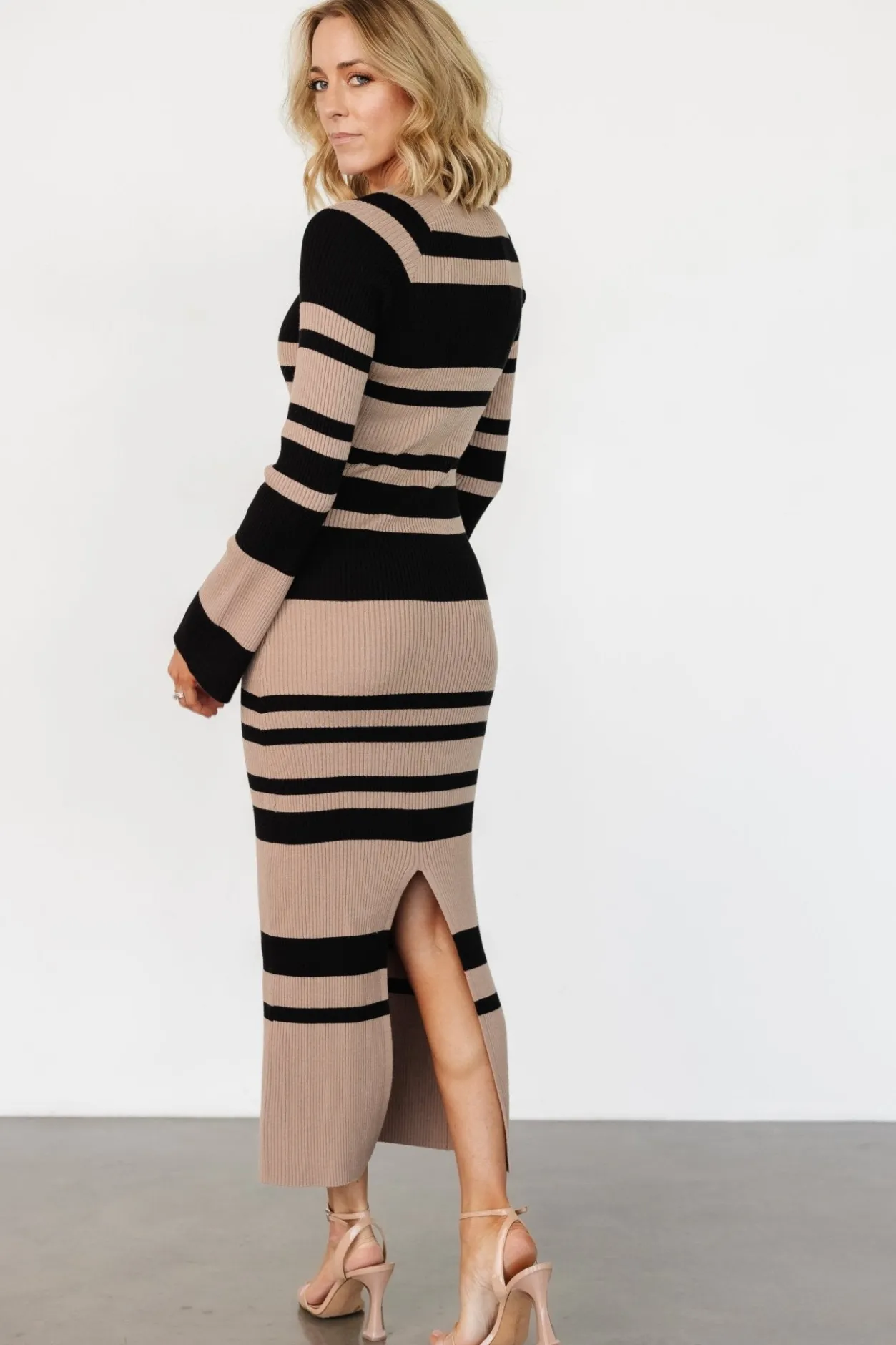 Clearance Baltic Born Marika Ribbed Dress | Camel + Black Stripe Camel+BlackStripe