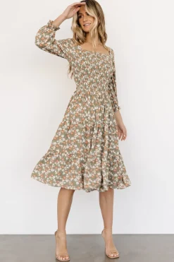 Online Baltic Born Marta Smocked Midi Dress | Dusty Olive Floral DustyOliveFloral