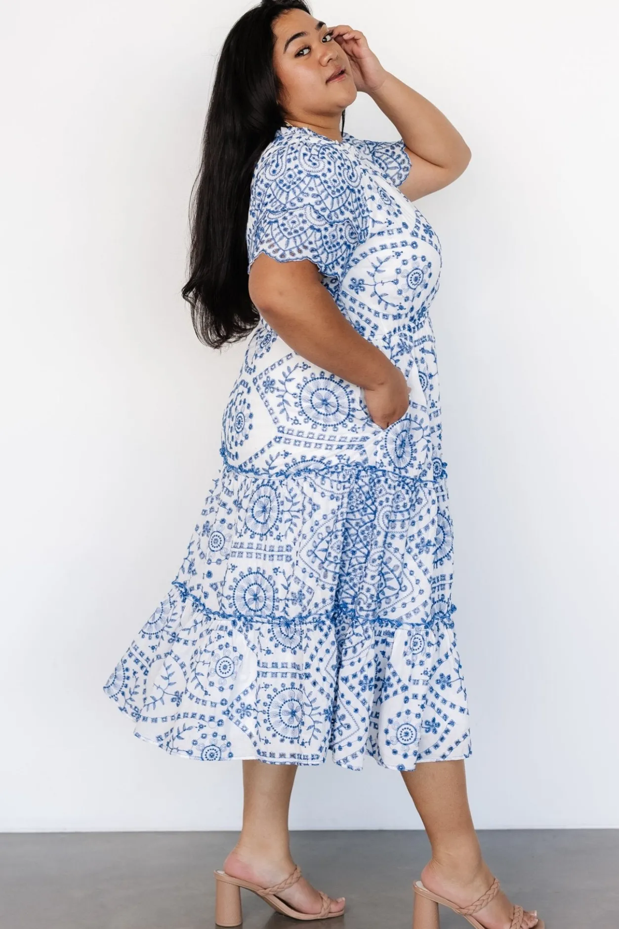New Baltic Born Mirabel Eyelet Midi Dress | White + Blue White+Blue