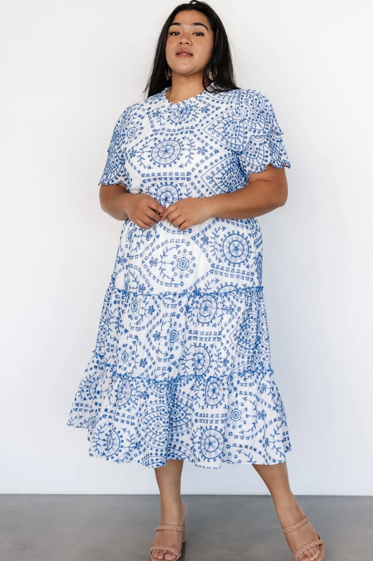 New Baltic Born Mirabel Eyelet Midi Dress | White + Blue White+Blue