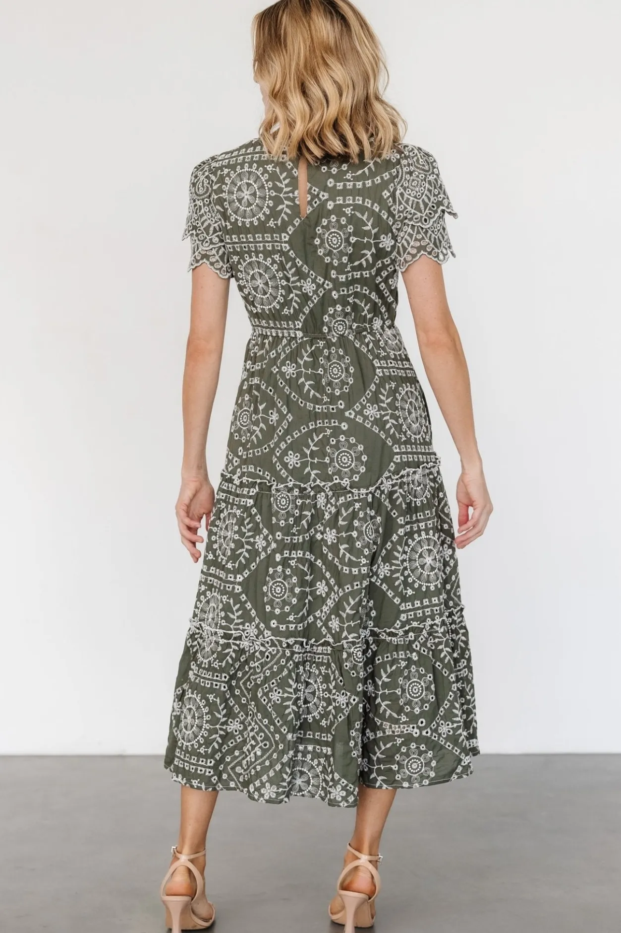 New Baltic Born Mirabel Eyelet Midi Dress | Olive + White Olive+White