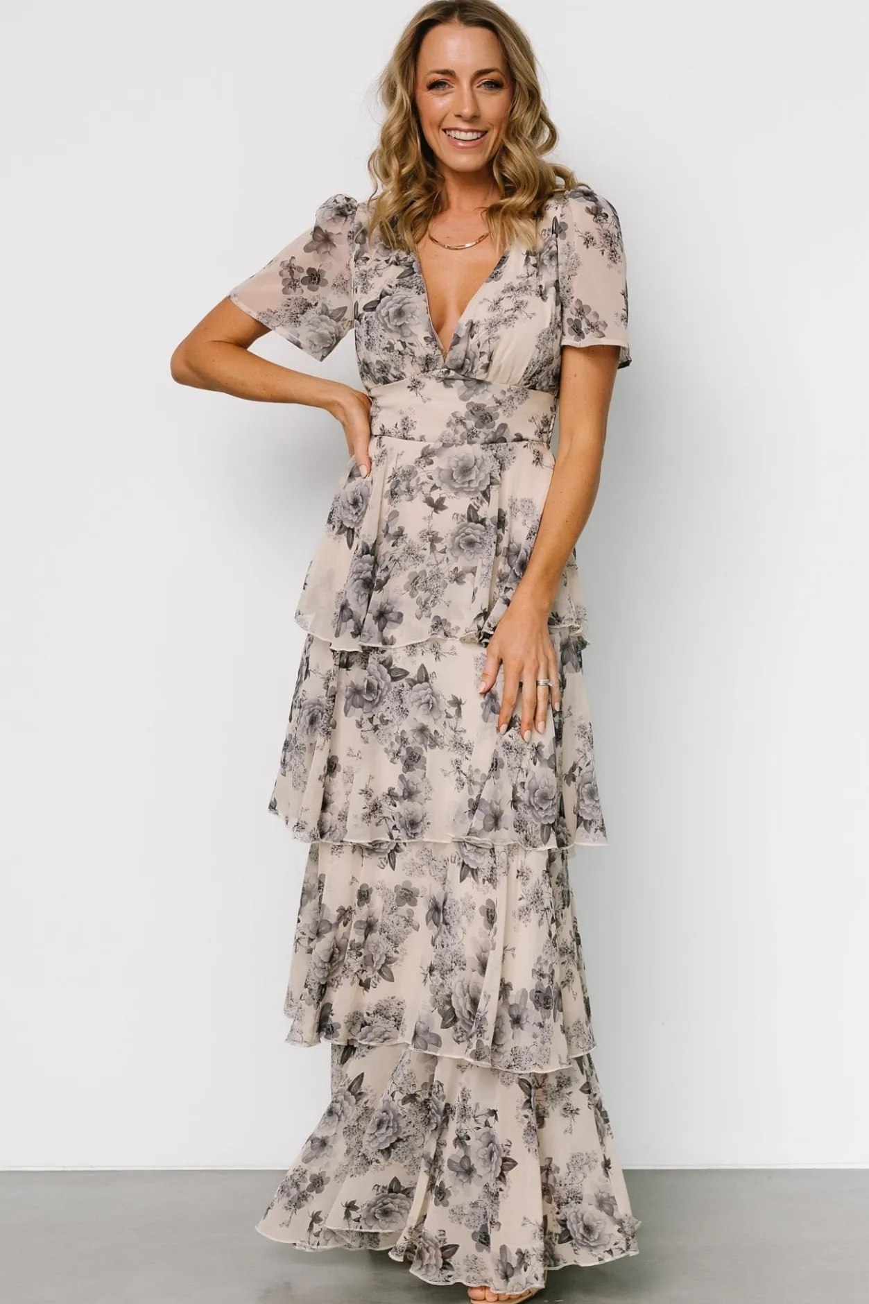 Clearance Baltic Born Montaigne Ruffle Maxi Dress | Beige + Slate Floral Beige+SlateFloral