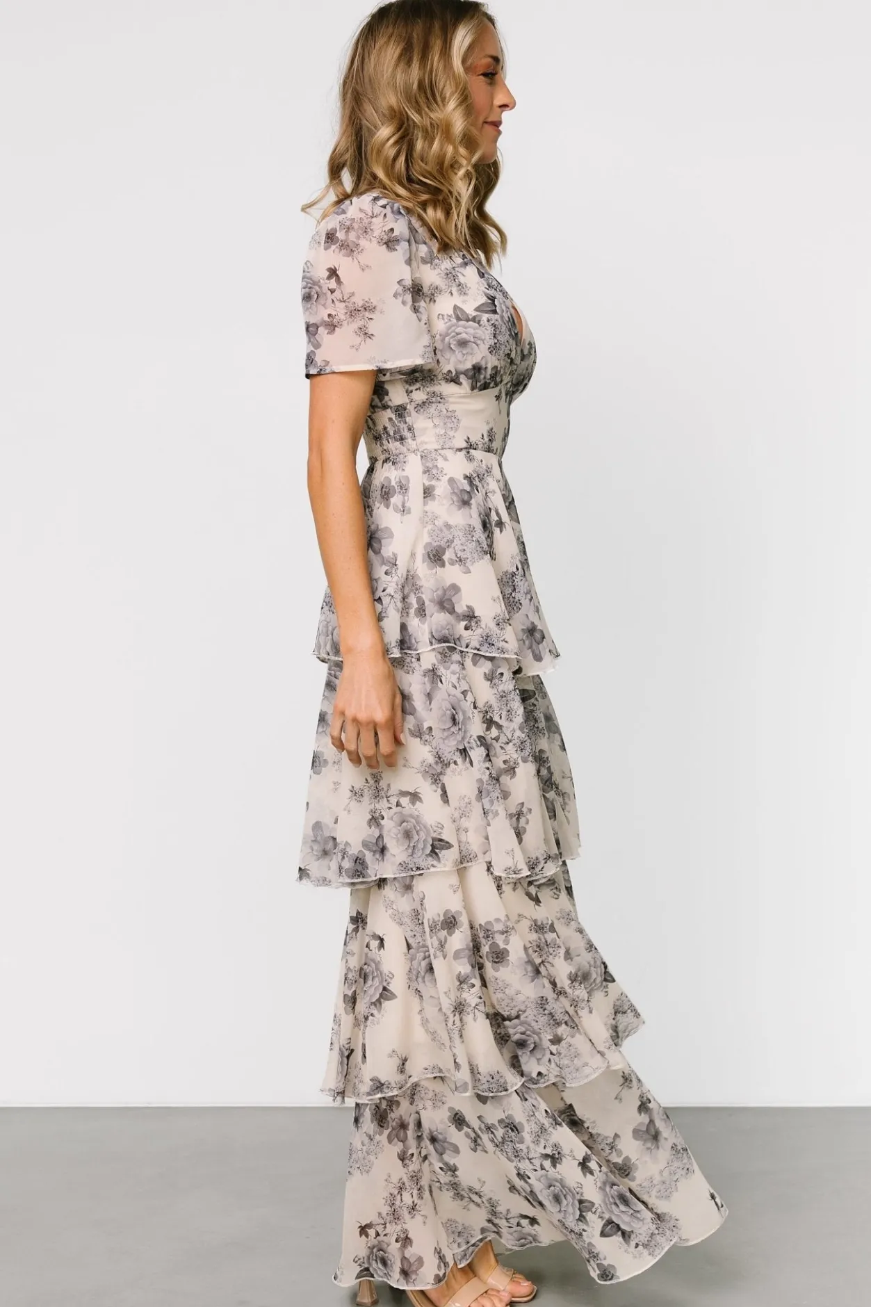 Clearance Baltic Born Montaigne Ruffle Maxi Dress | Beige + Slate Floral Beige+SlateFloral