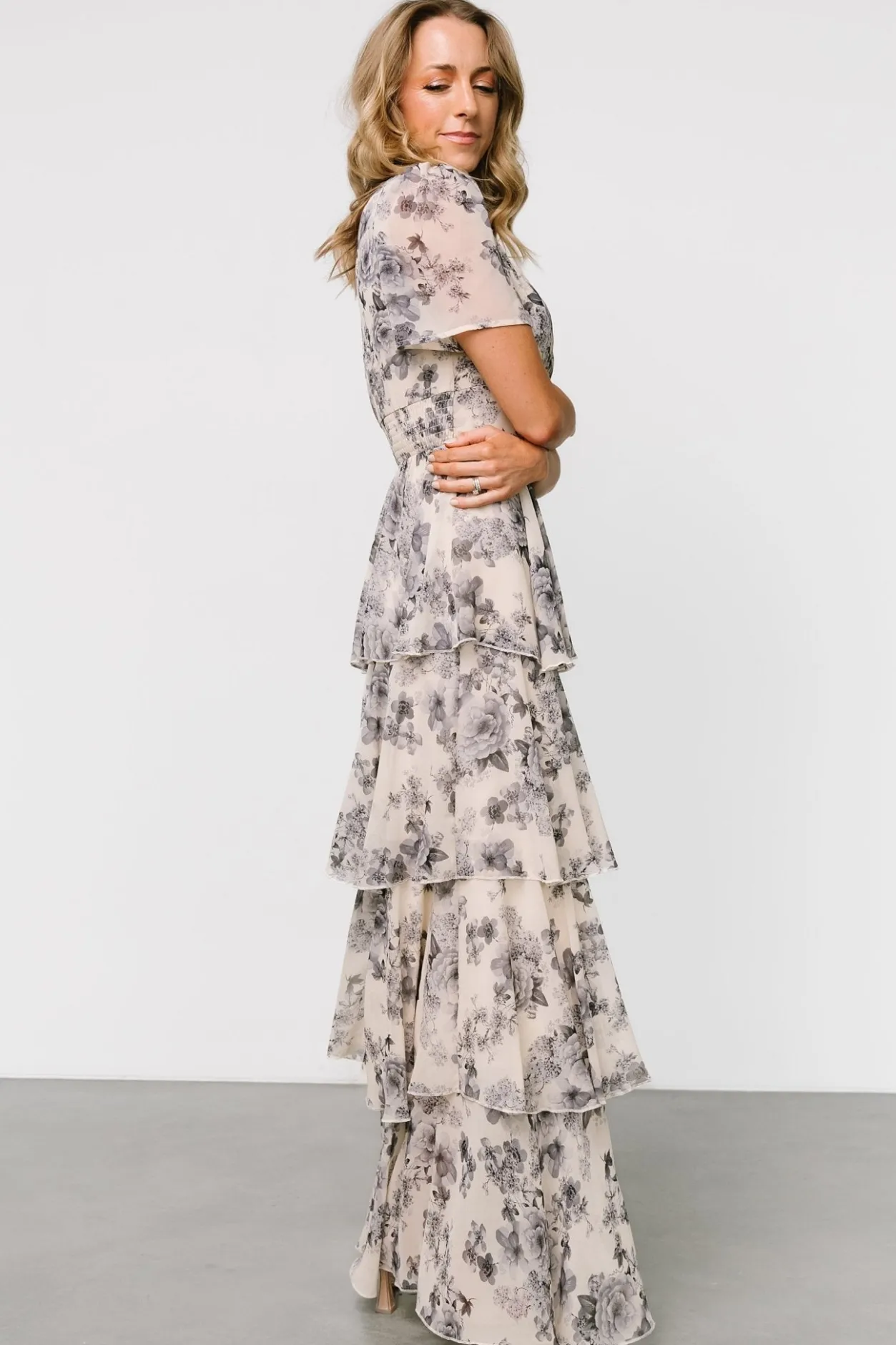 Clearance Baltic Born Montaigne Ruffle Maxi Dress | Beige + Slate Floral Beige+SlateFloral