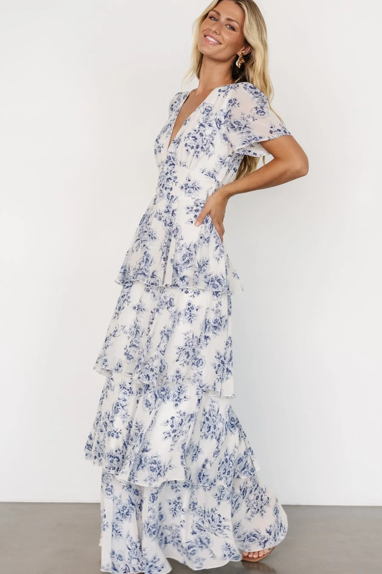 Outlet Baltic Born Montaigne Ruffle Maxi Dress | Off White + Blue OffWhite+Blue