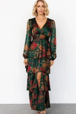 New Baltic Born Montrouge Tiered Satin Dress | Emerald Floral EmeraldFloral