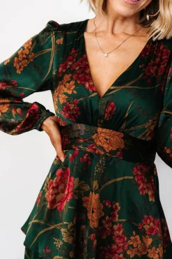 New Baltic Born Montrouge Tiered Satin Dress | Emerald Floral EmeraldFloral