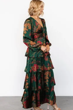 New Baltic Born Montrouge Tiered Satin Dress | Emerald Floral EmeraldFloral