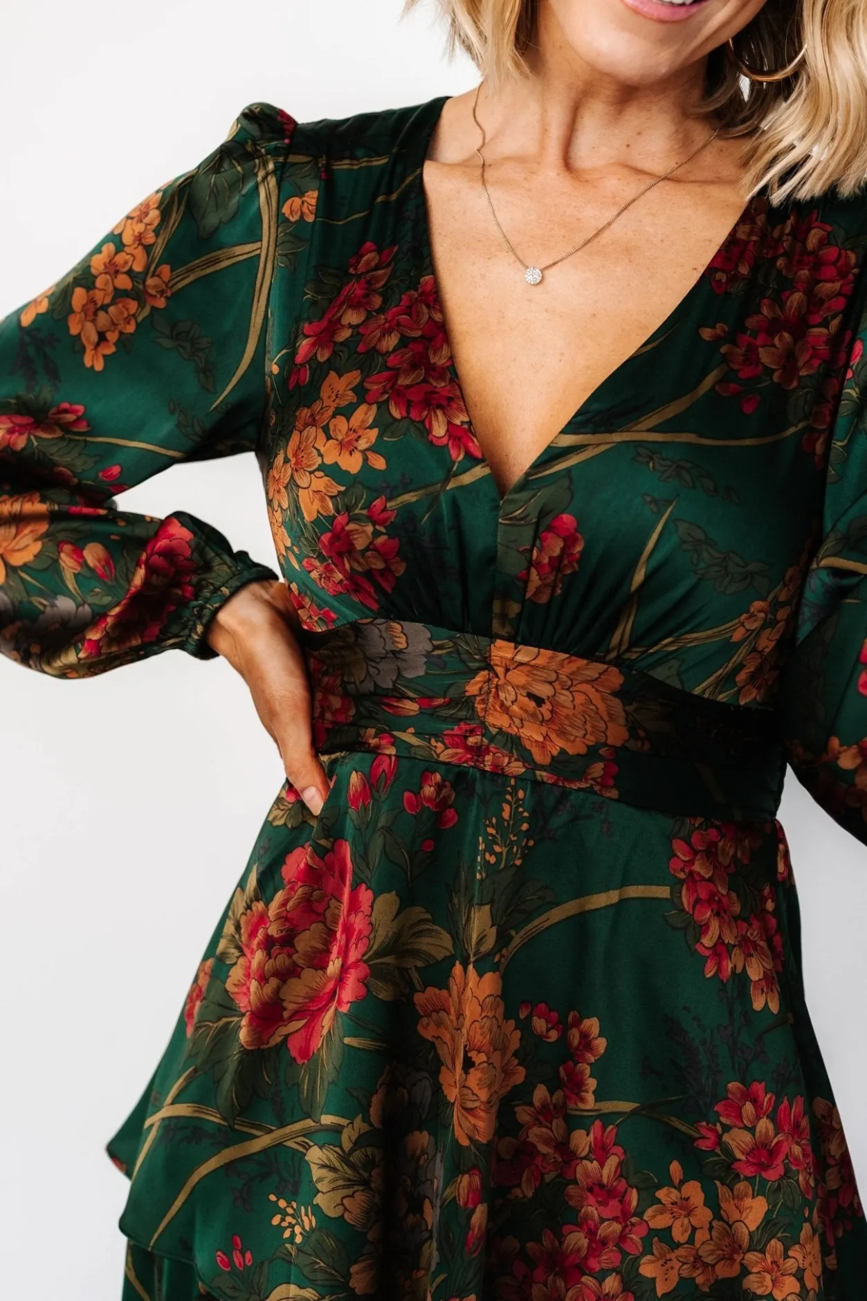 New Baltic Born Montrouge Tiered Satin Dress | Emerald Floral EmeraldFloral