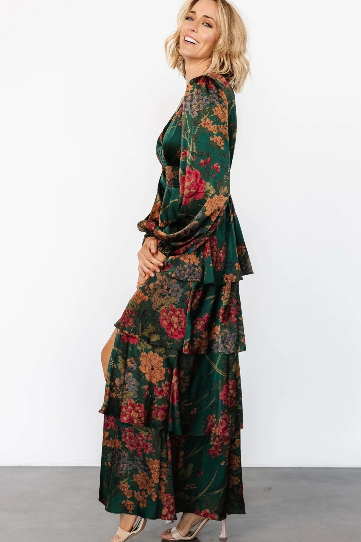 New Baltic Born Montrouge Tiered Satin Dress | Emerald Floral EmeraldFloral