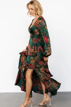 New Baltic Born Montrouge Tiered Satin Dress | Emerald Floral EmeraldFloral