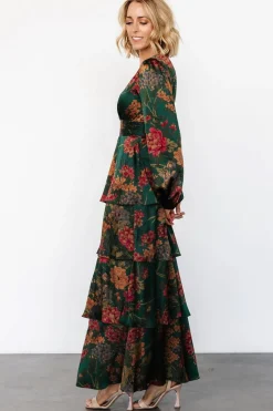 New Baltic Born Montrouge Tiered Satin Dress | Emerald Floral EmeraldFloral