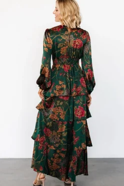 New Baltic Born Montrouge Tiered Satin Dress | Emerald Floral EmeraldFloral
