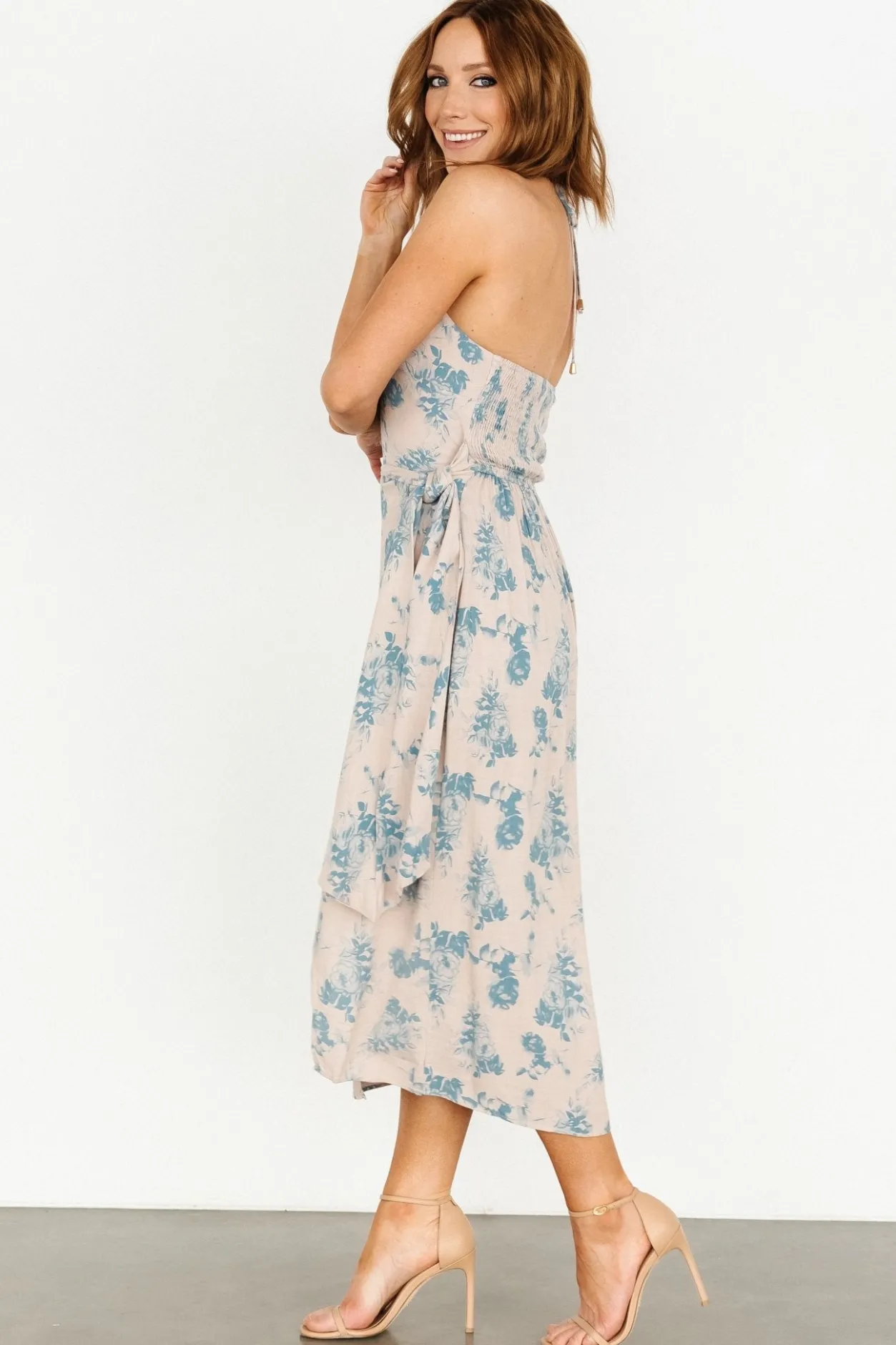Online Baltic Born Nicole Faux Wrap Midi Dress | Natural + Blue Natural+Blue