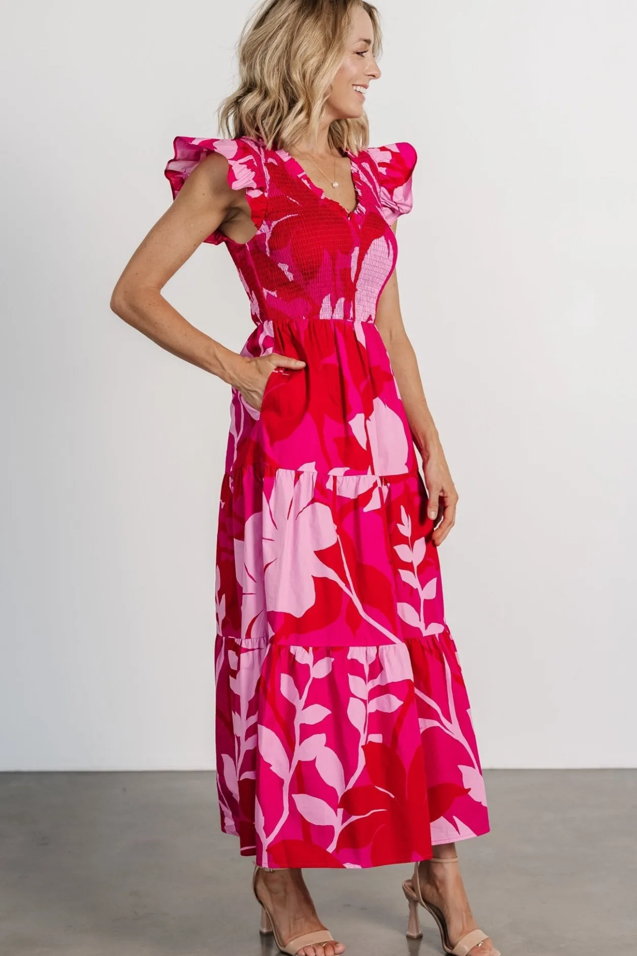 Clearance Baltic Born Ranchero Smocked Maxi Dress | Red + Pink Red+Pink