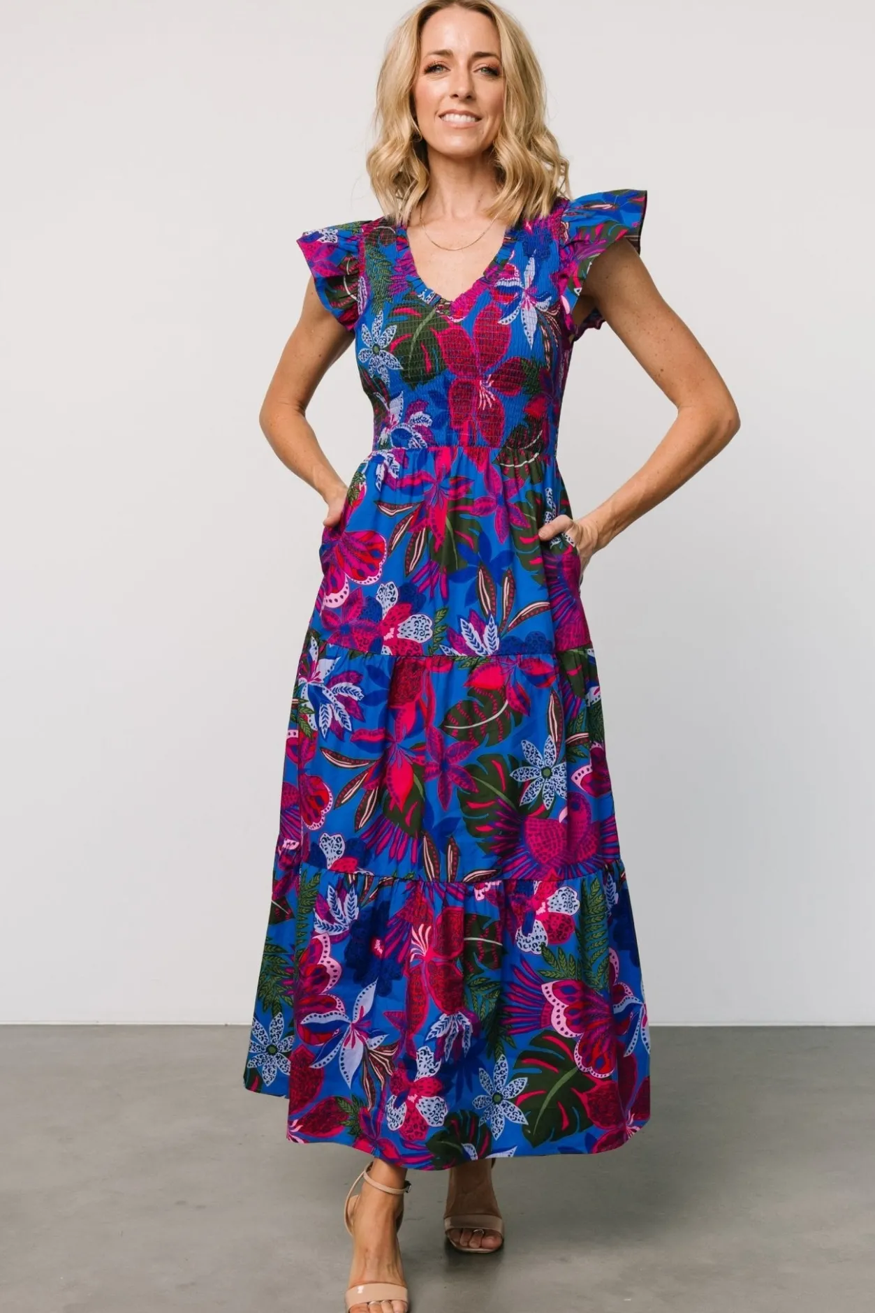 Clearance Baltic Born Ranchero Smocked Maxi Dress | Cobalt + Fuchsia Print Cobalt+FuchsiaPrint