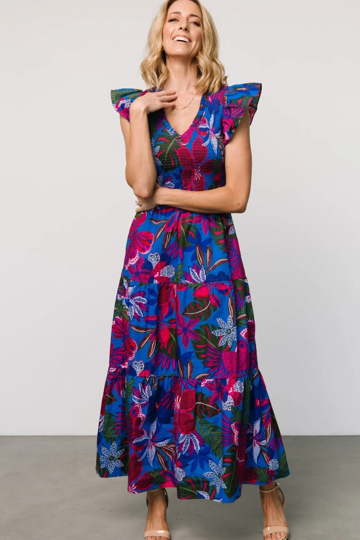 Clearance Baltic Born Ranchero Smocked Maxi Dress | Cobalt + Fuchsia Print Cobalt+FuchsiaPrint