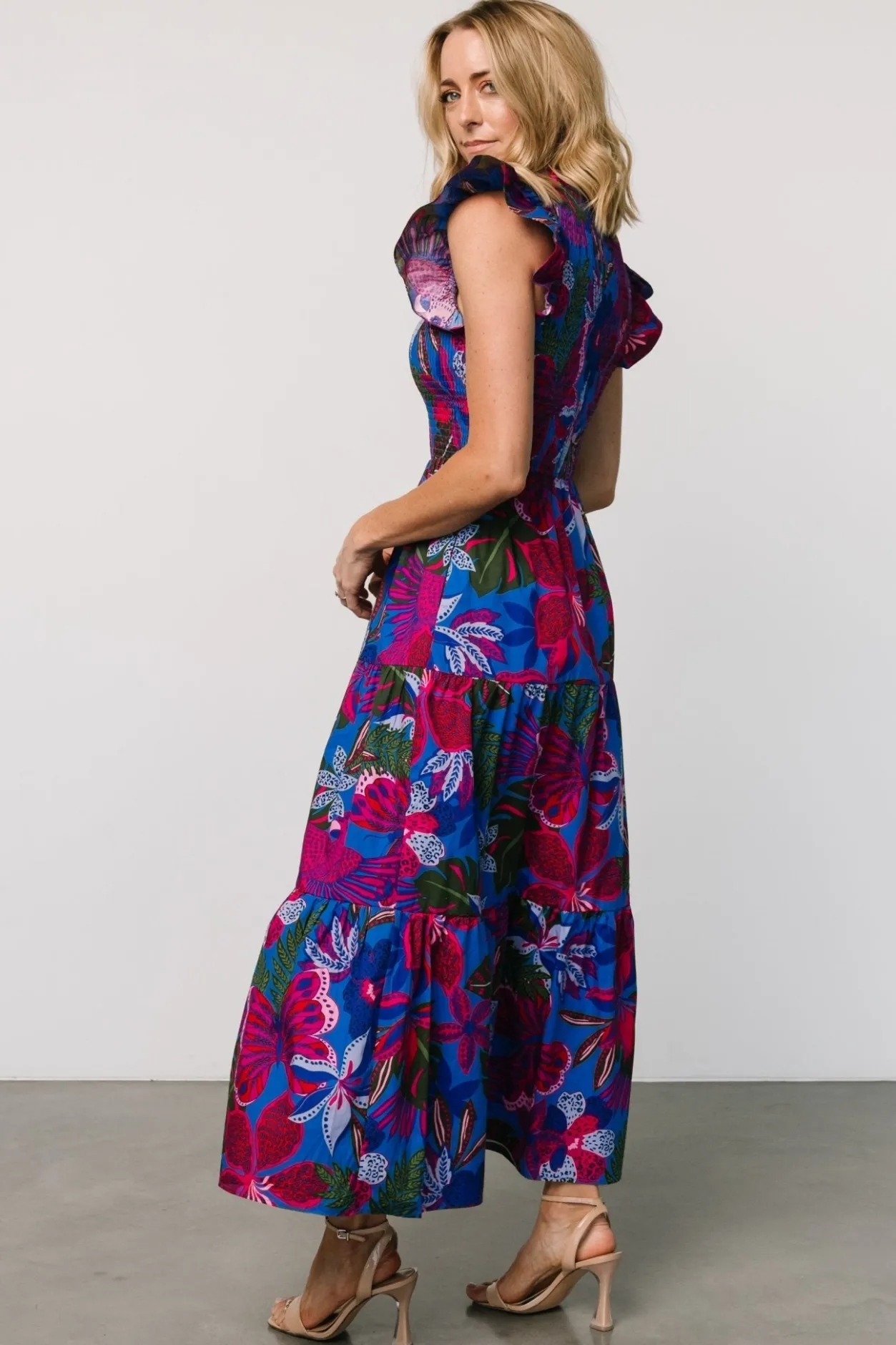 Clearance Baltic Born Ranchero Smocked Maxi Dress | Cobalt + Fuchsia Print Cobalt+FuchsiaPrint