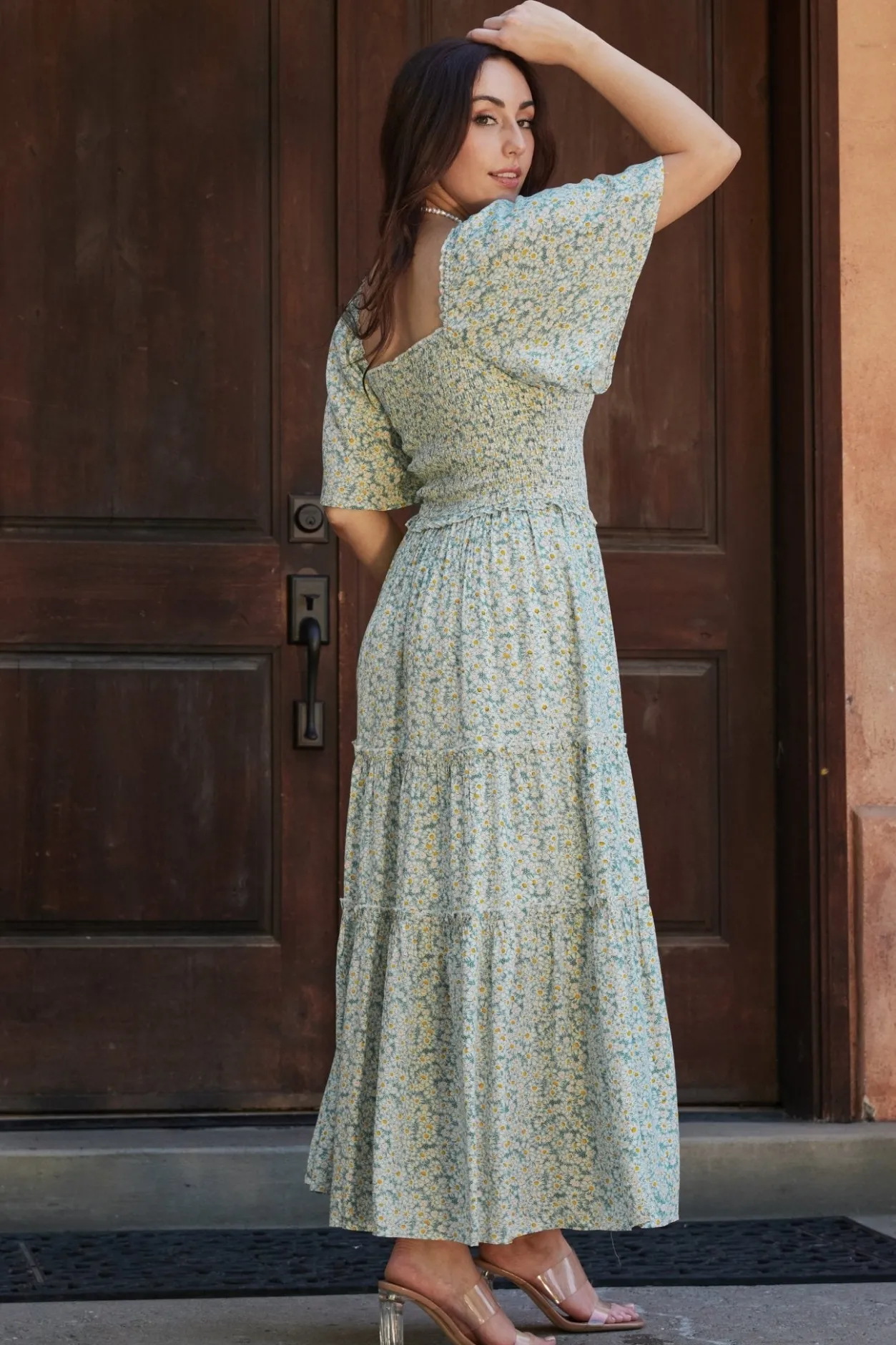 Hot Baltic Born Regina Smocked Maxi Dress | Green Floral GreenFloral