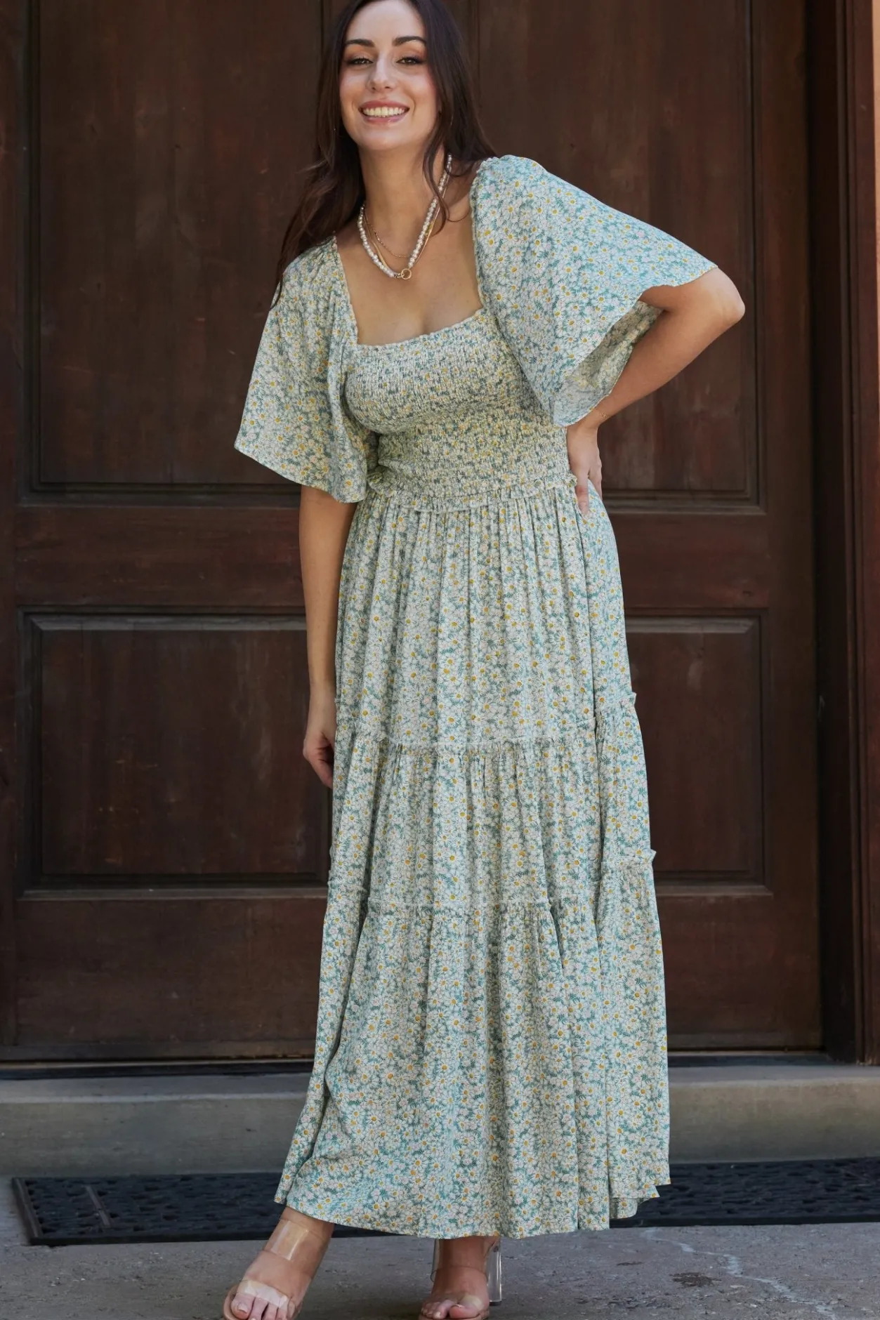 Hot Baltic Born Regina Smocked Maxi Dress | Green Floral GreenFloral