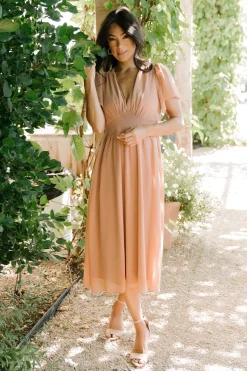 New Baltic Born Sarah Smocked Midi Dress | Dusty Camel DustyCamel