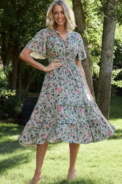 Sale Baltic Born Spell Boho Midi Dress | Sage + Pink Floral Sage+PinkFloral
