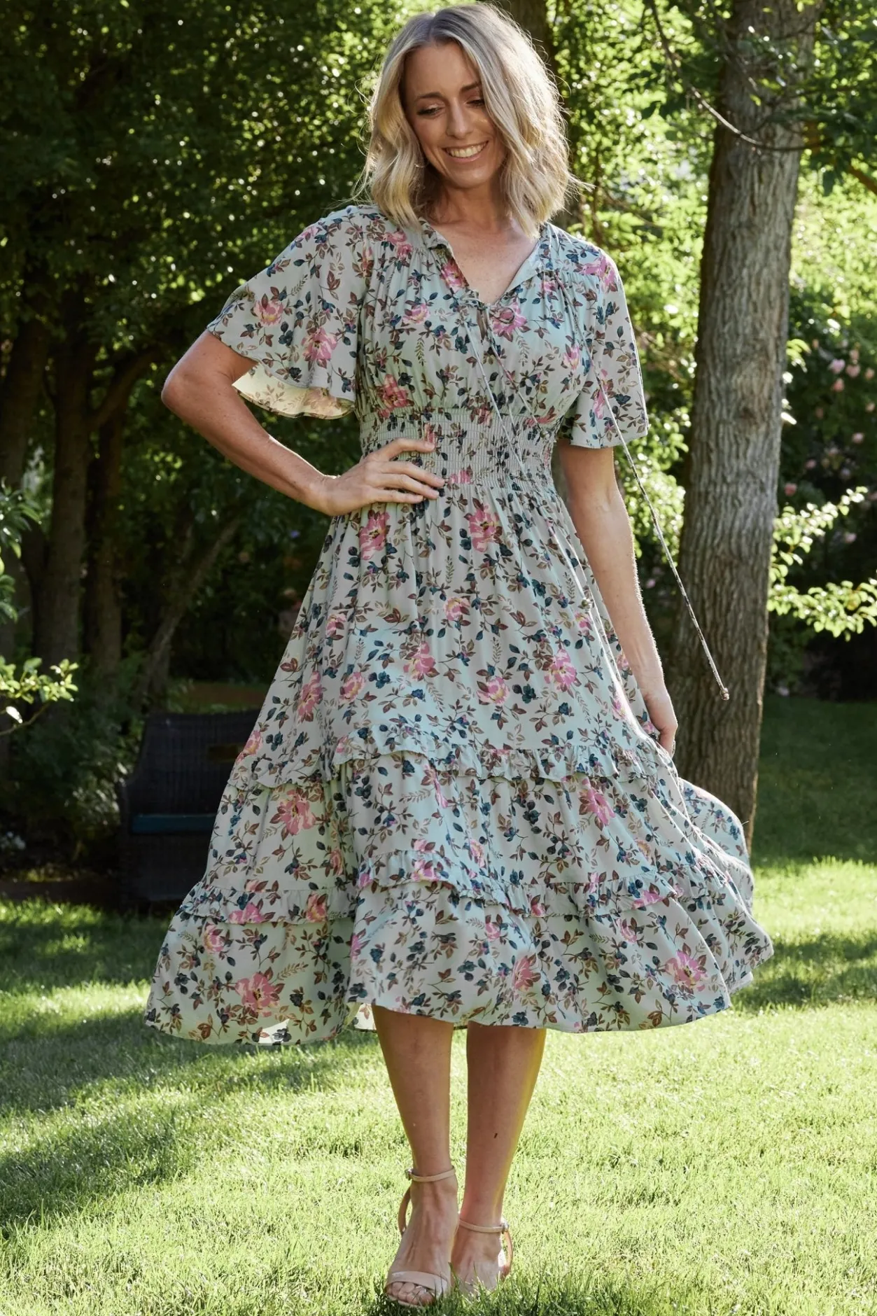 Sale Baltic Born Spell Boho Midi Dress | Sage + Pink Floral Sage+PinkFloral