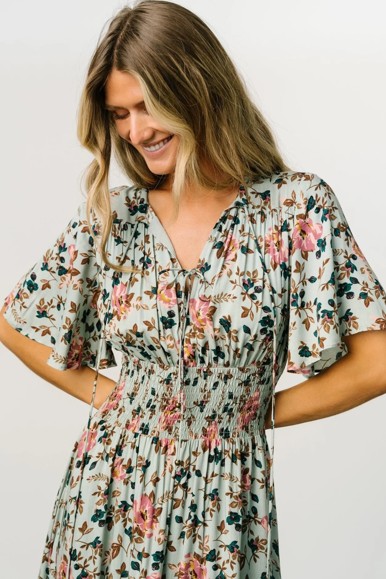 Sale Baltic Born Spell Boho Midi Dress | Sage + Pink Floral Sage+PinkFloral