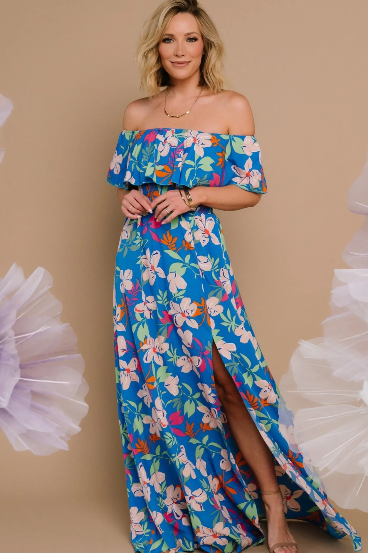 Outlet Baltic Born Talia Off Shoulder Maxi Dress | Blue Floral BlueFloral