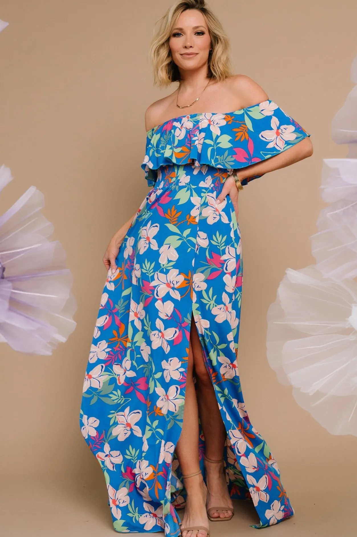 Outlet Baltic Born Talia Off Shoulder Maxi Dress | Blue Floral BlueFloral