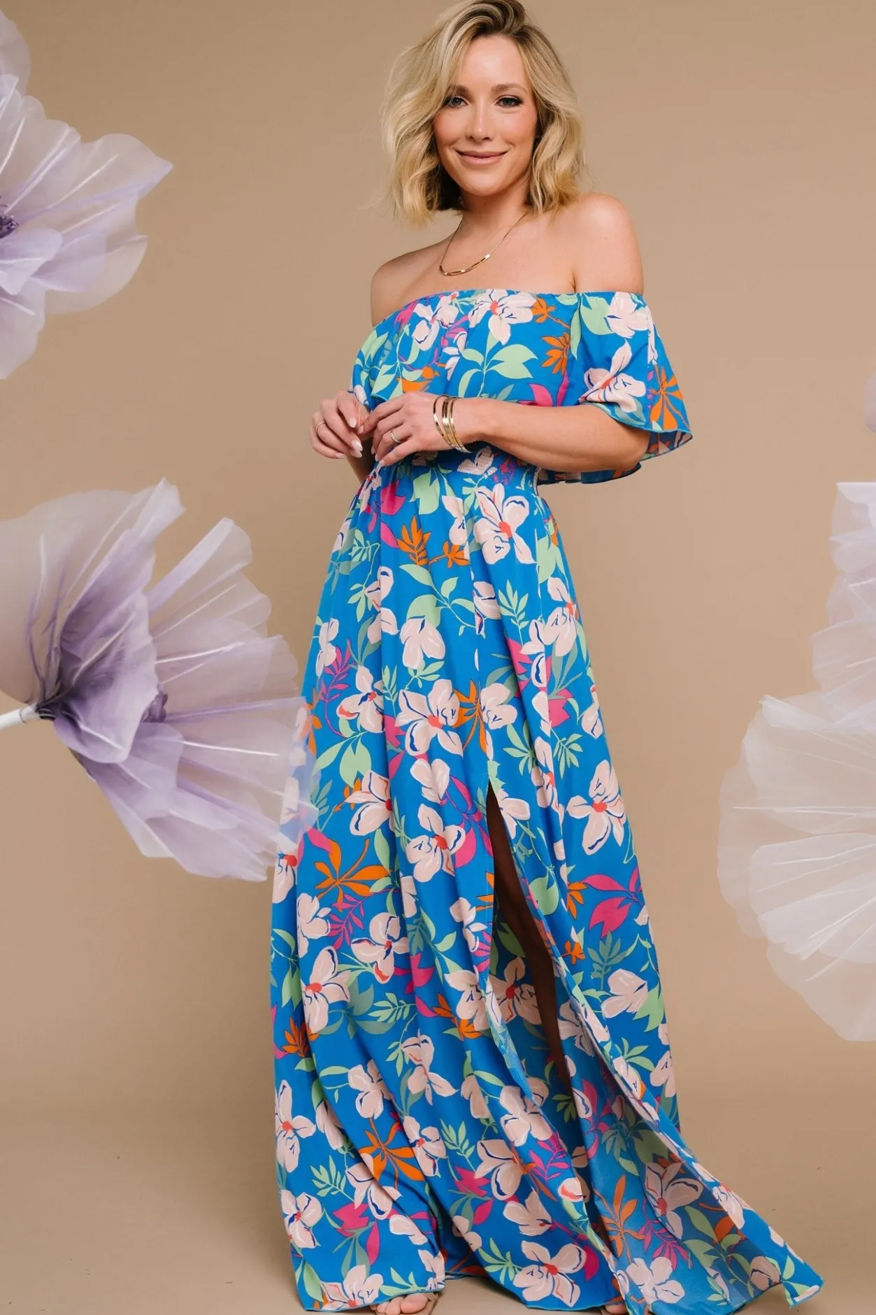 Outlet Baltic Born Talia Off Shoulder Maxi Dress | Blue Floral BlueFloral