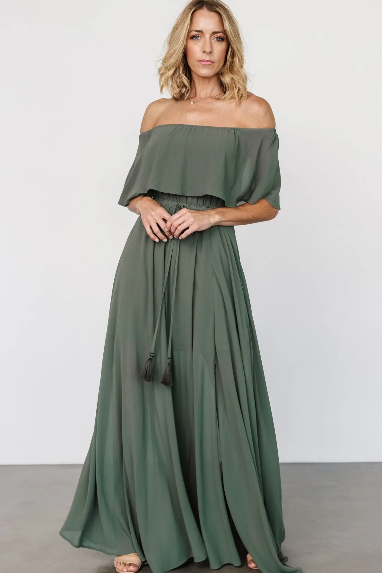 Outlet Baltic Born Victoria Off Shoulder Maxi Dress | Dark Sage DarkSage